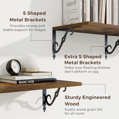 RICHFOCUS 12 Inch Deep Floating Shelves Set of 2 Rustic Brown