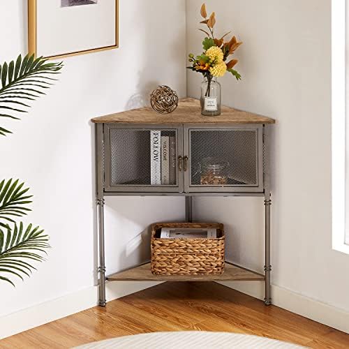 VECELO 3-Tier Corner Shelf with Storage Cabinet Grey
