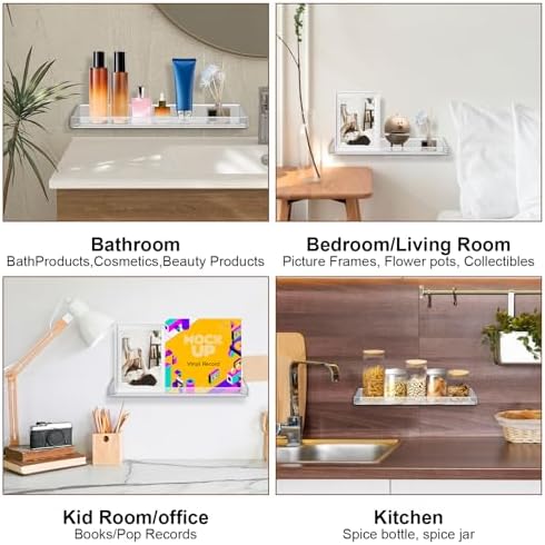 4 Pack Acrylic Shelves for Bathroom Wall with Adhesive No Drilling
