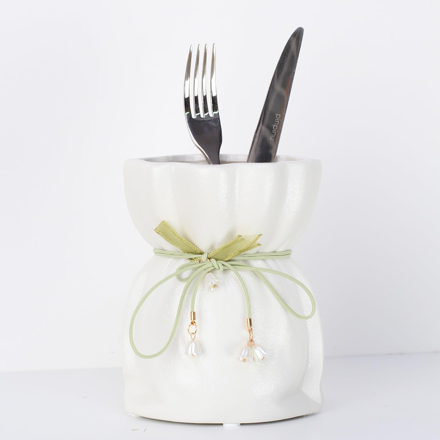 White Ceramic Vase with Ribbon Tie and Pendants