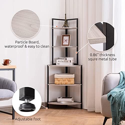 Apicizon 5 Tier Corner Shelf Rustic Grey Industrial Bookcase