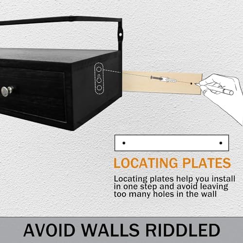 Rustic Floating Shelves with Drawer Set of 2 Black