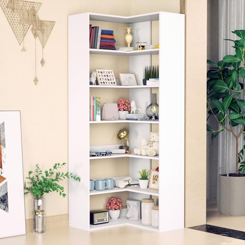 71 Tall White Corner Bookshelf 6 Tier