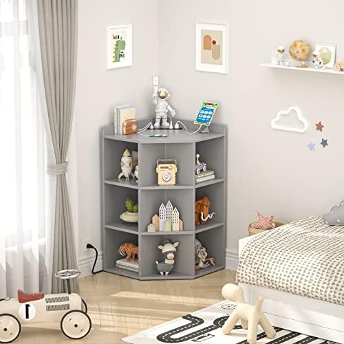 Aheaplus Corner Cabinet with USB and Outlets 9 Cubes Grey