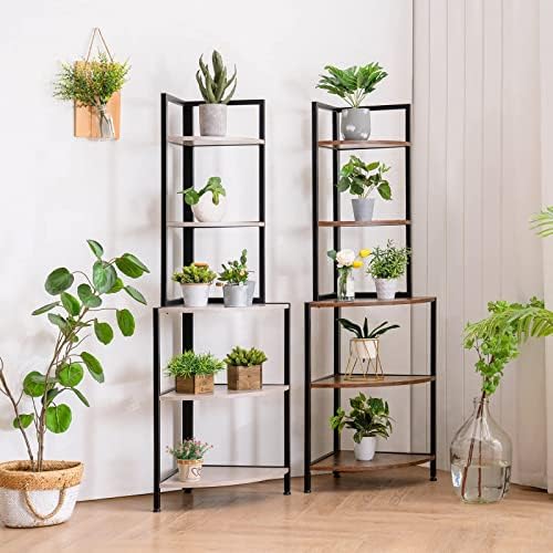 Apicizon 5 Tier Corner Shelf Rustic Grey Industrial Bookcase