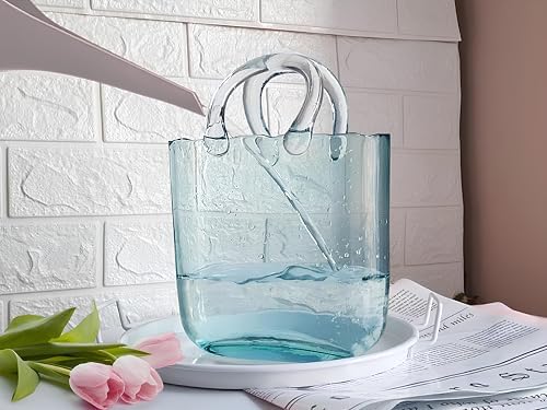 OLEEK Handmade Glass Purse Vase - 10 Inches Blue