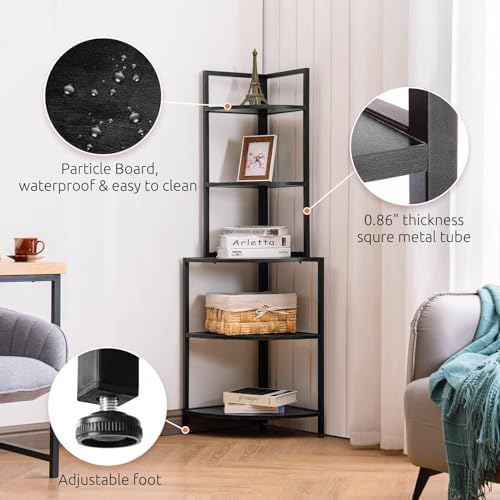 Apicizon 5 Tier Corner Shelf Black Metal Frame