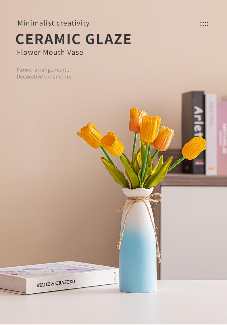 Blue Ombre Ceramic Flower Vase with White Rim and Jute Bow