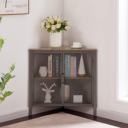 VECELO Corner Cabinet Table with 3-Tier Shelf Grey