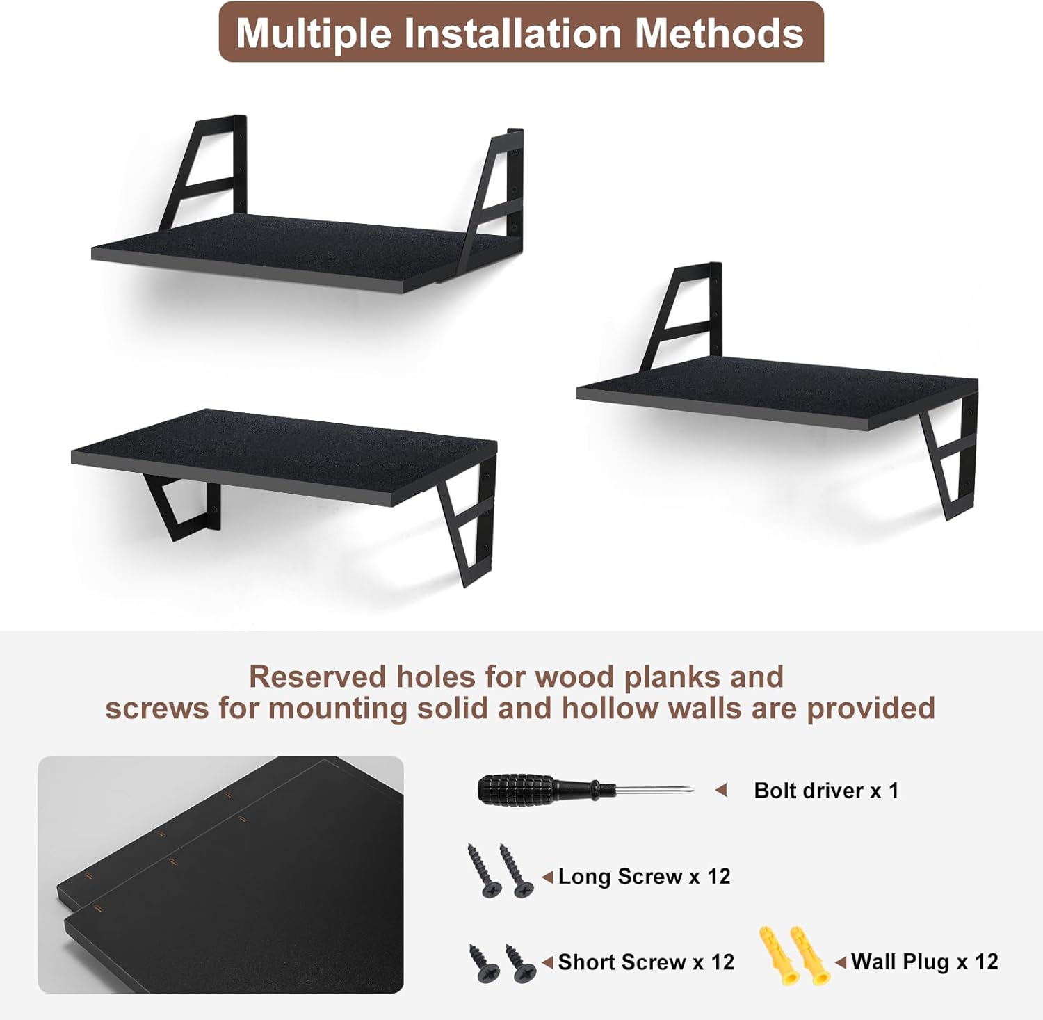 Set of 2 Deep Floating Shelves with Metal Brackets 12 Inches Black