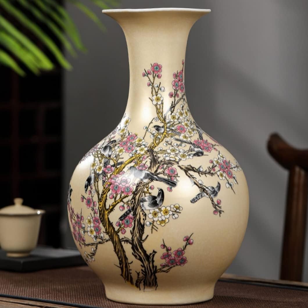 Hand Painted Plum Birds Porcelain Vase with Dried Flower
