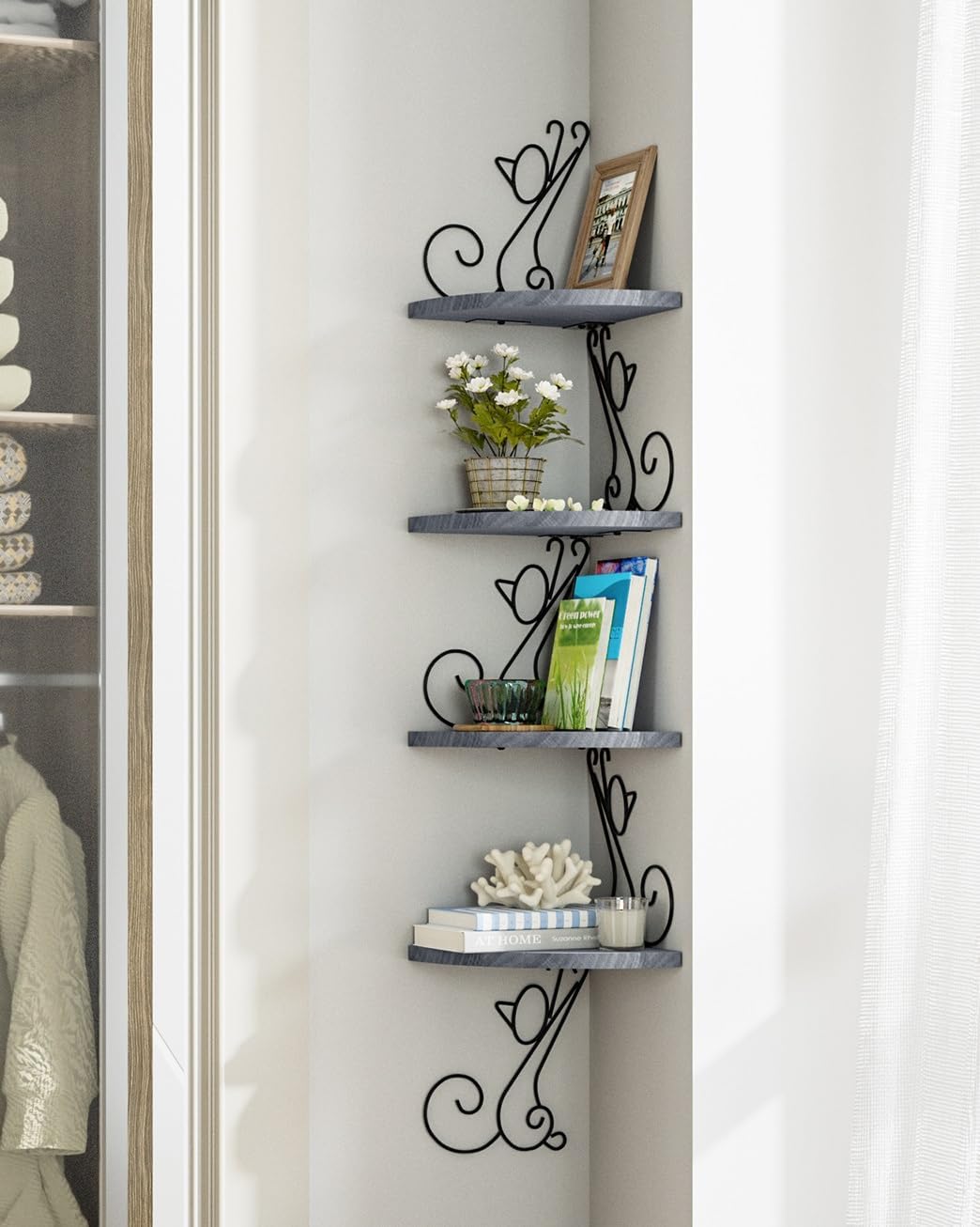 Alsonerbay 4 Tier Floating Corner Wood Shelves in Cat Shape