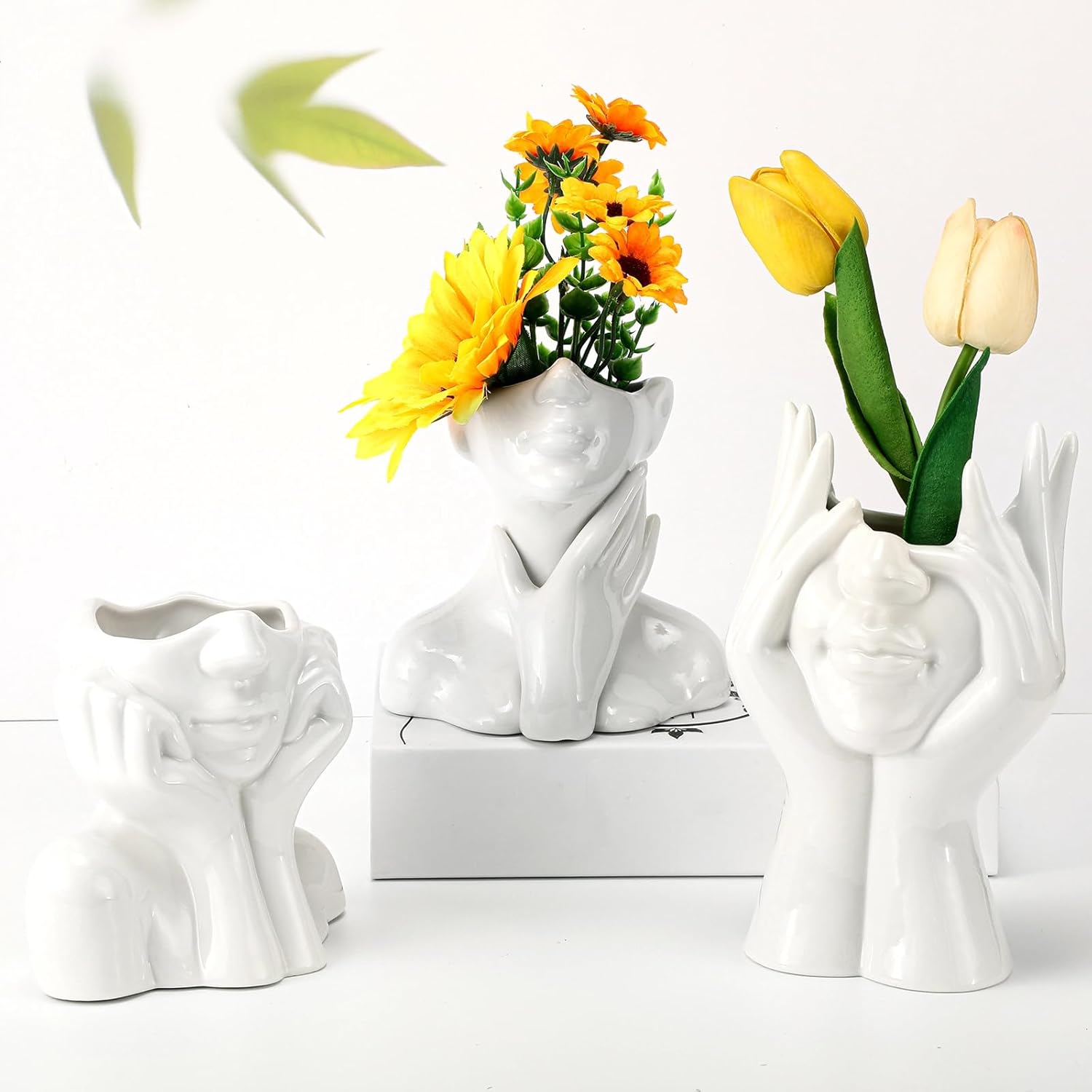 Sieral 3 Pcs White Ceramic Face Vase Set
