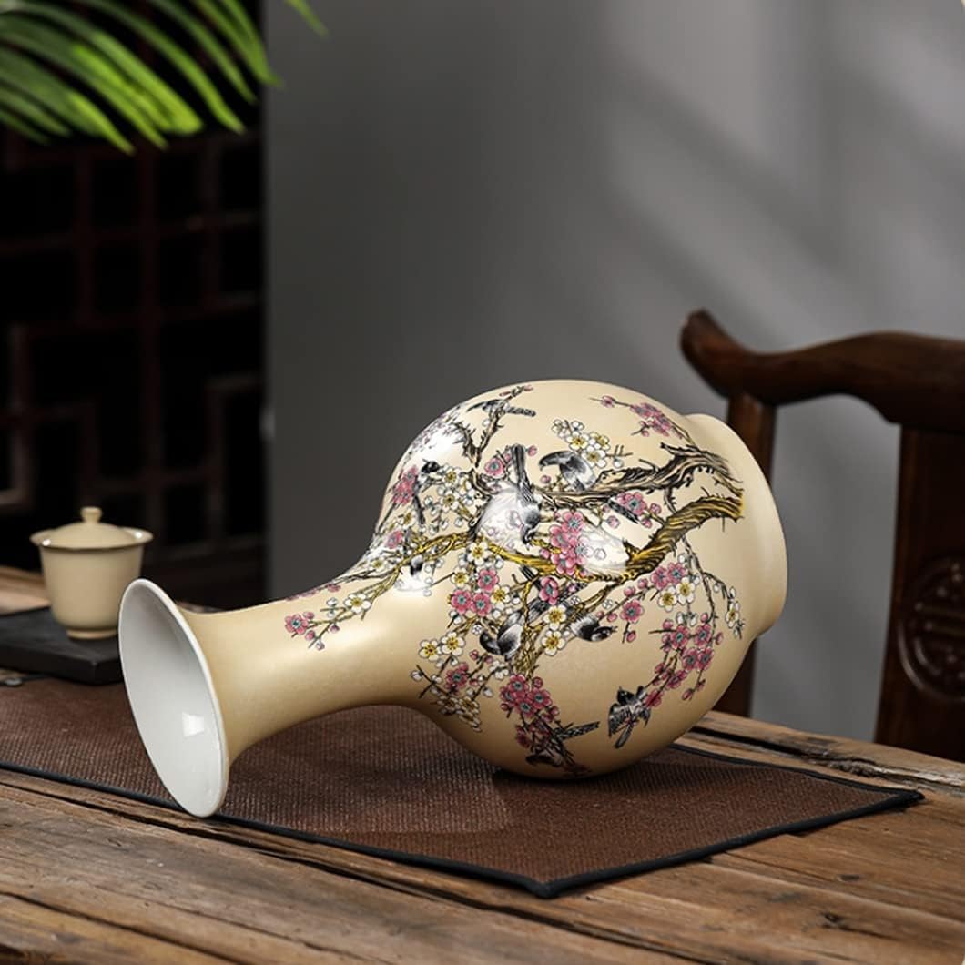 Hand Painted Plum Birds Porcelain Vase with Dried Flower