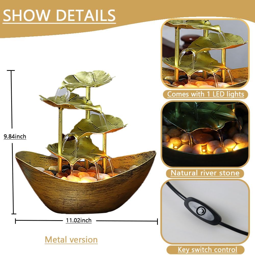 Metallic Gold 4-Tier Tabletop Fountain with Lotus and Ingot Design