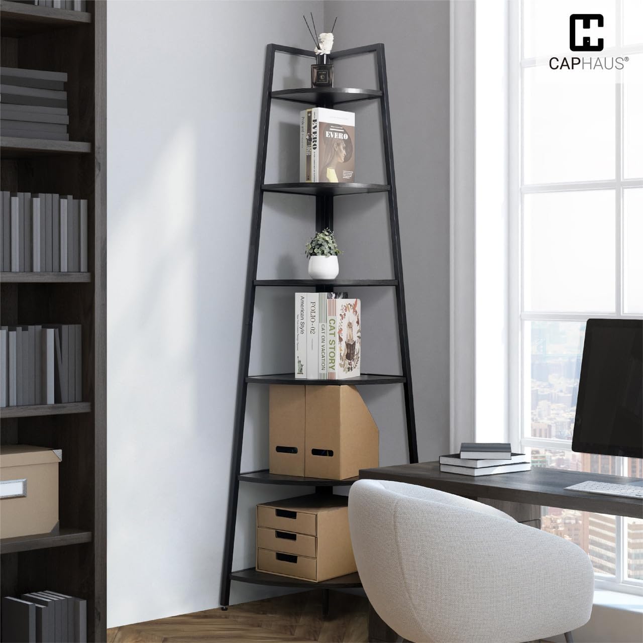CAPHAUS 6-Tier Tall Corner Bookshelf Stand Black