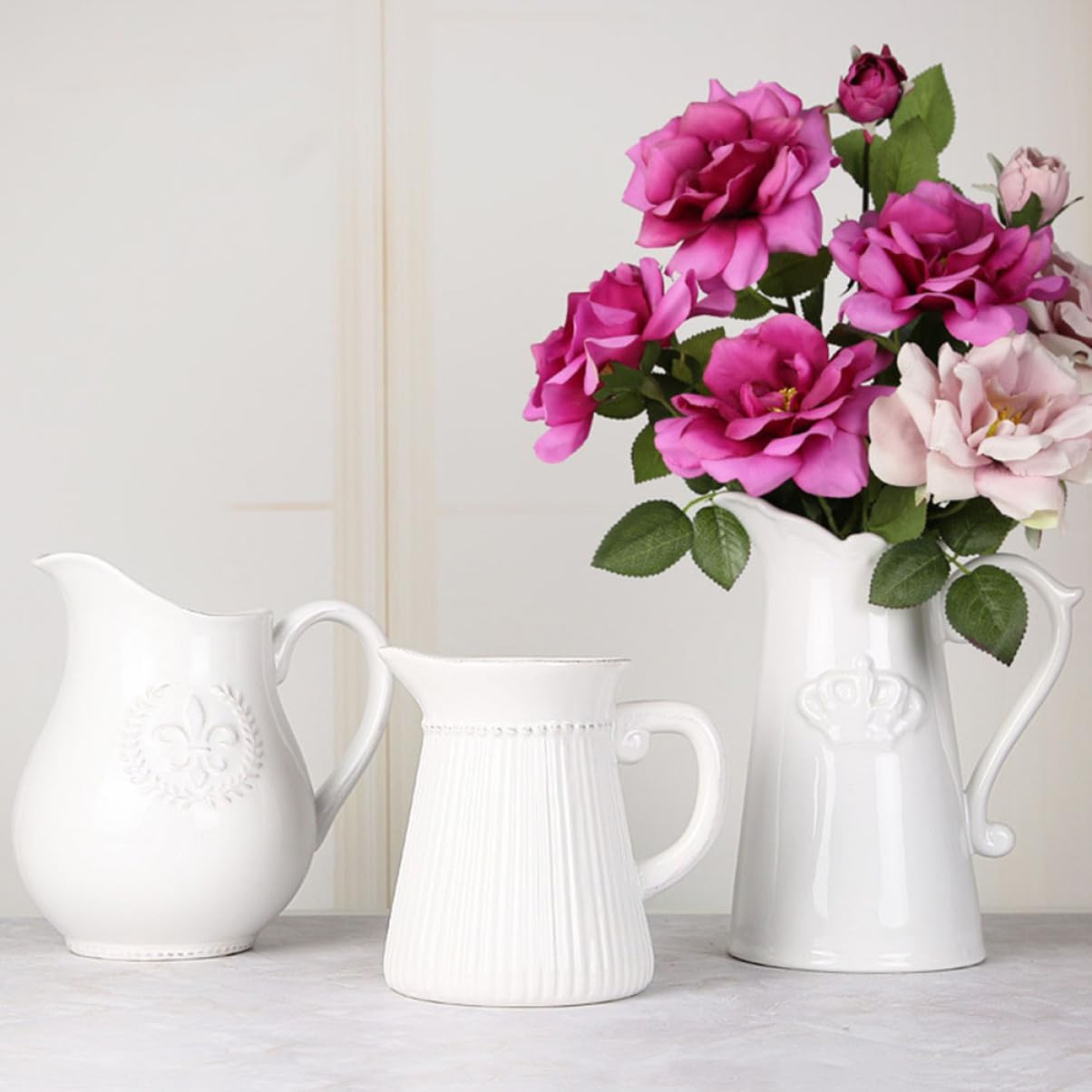 Farmhouse Ceramic Flower Vase with Embossed Design
