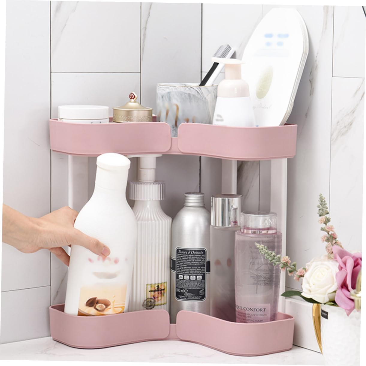PRETYZOOM 2-Tier Bathroom Countertop Organizer Corner Shelf Rack