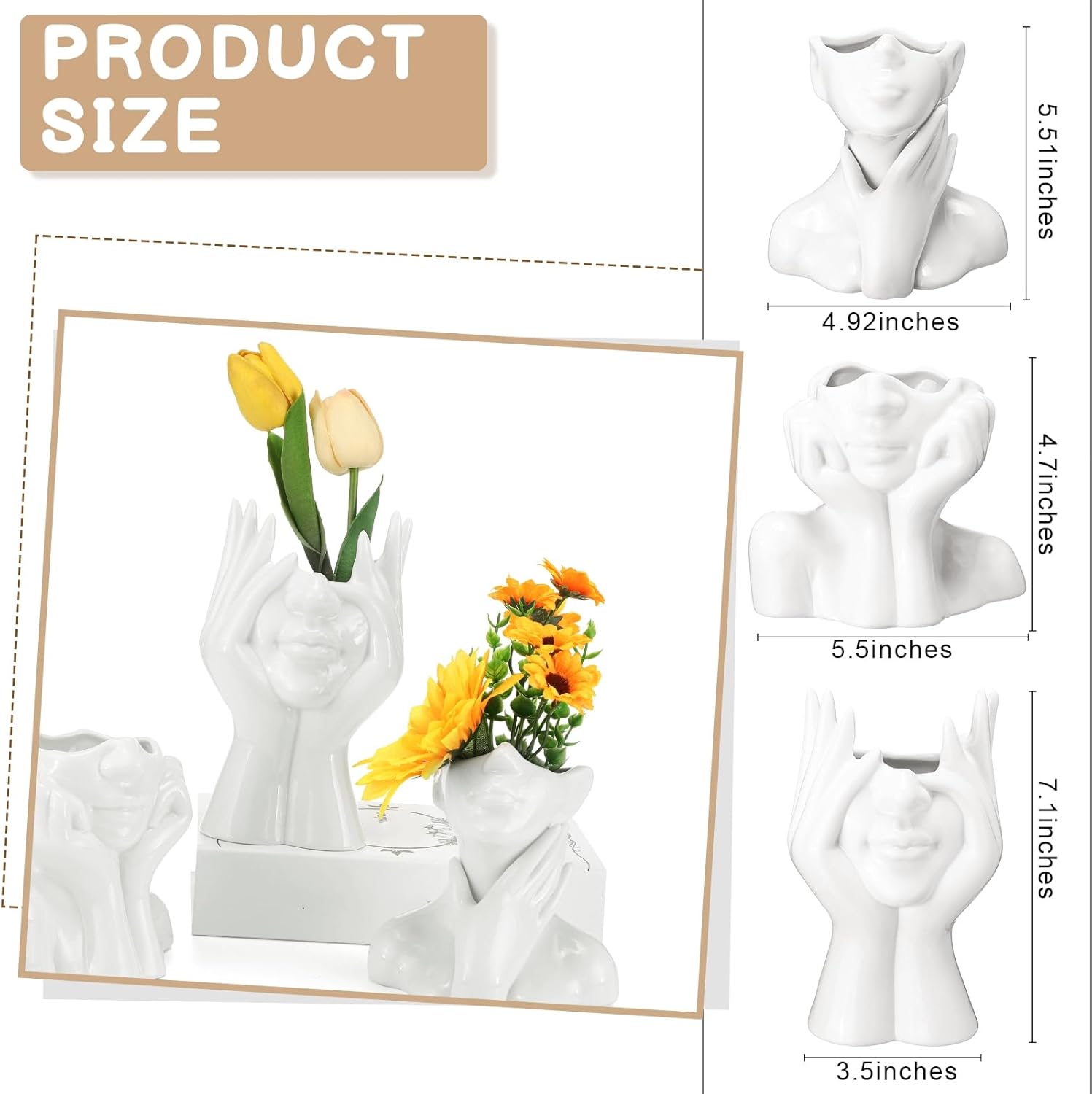 Sieral 3 Pcs White Ceramic Face Vase Set