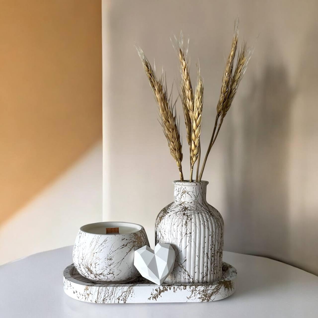 Gold White Decor Set of 3 Handmade Gypsum