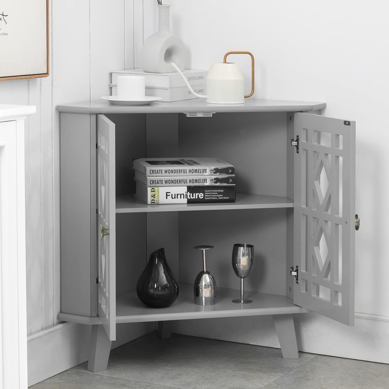 Scurrty 32 Inch Corner Shelf Stand - Grey