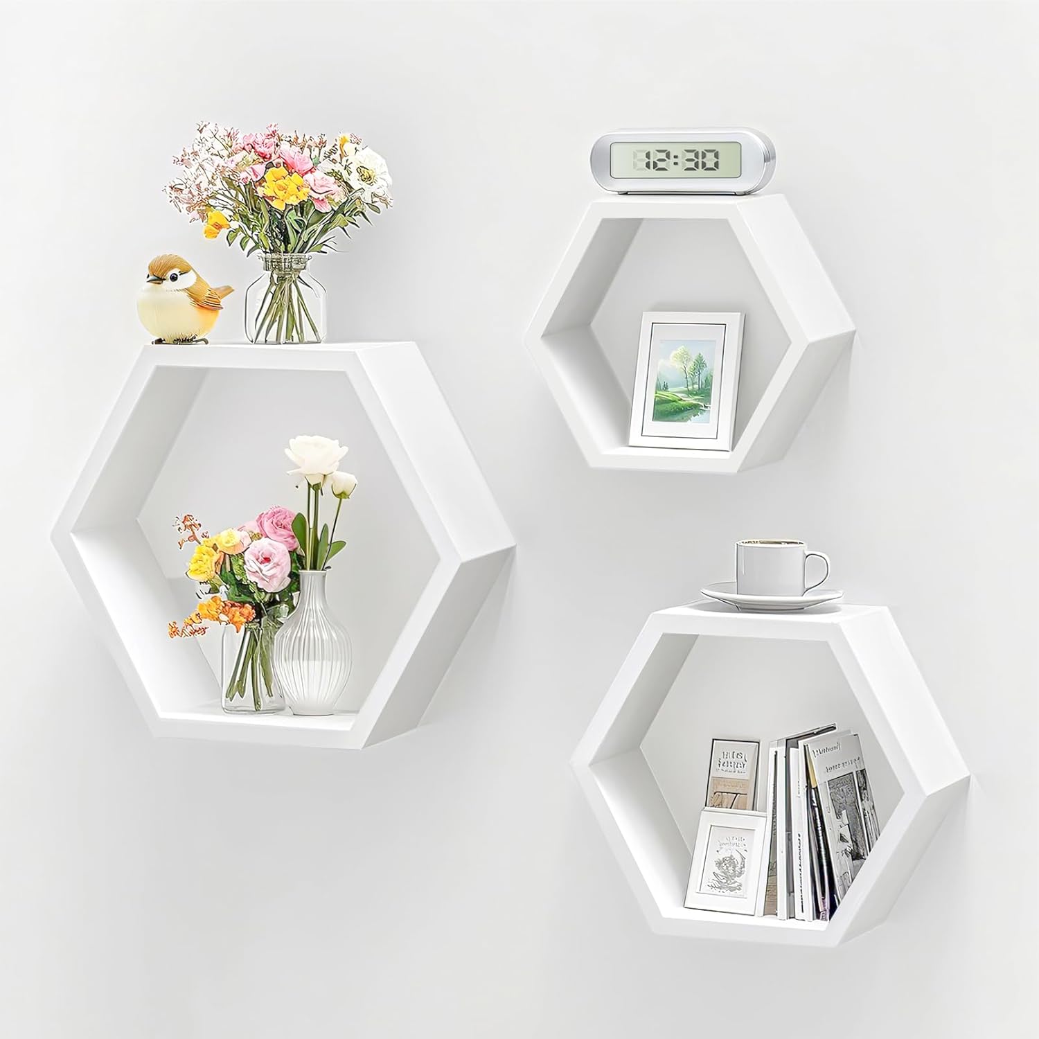 ZGZD Set of 3 White Wooden Hexagon Floating Shelves
