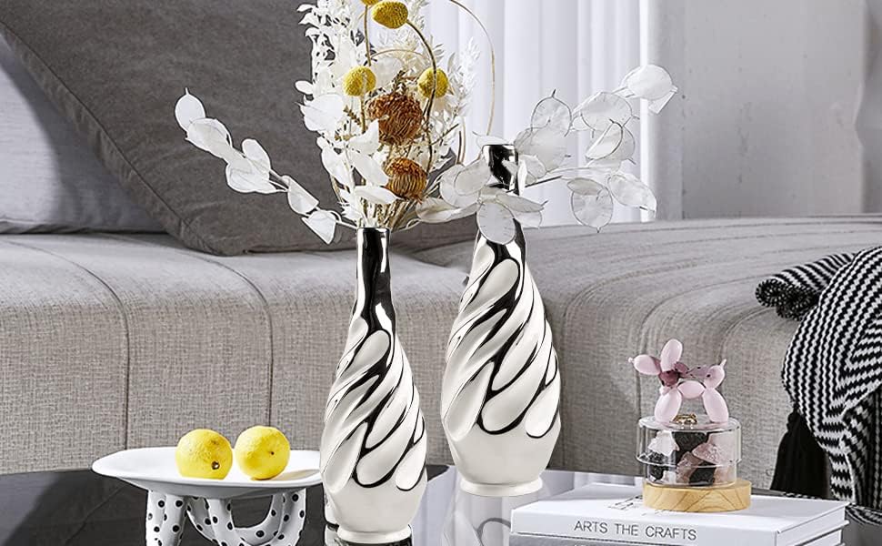 Yundu Ceramic Vase Set of 2 White and Silver Modern Design