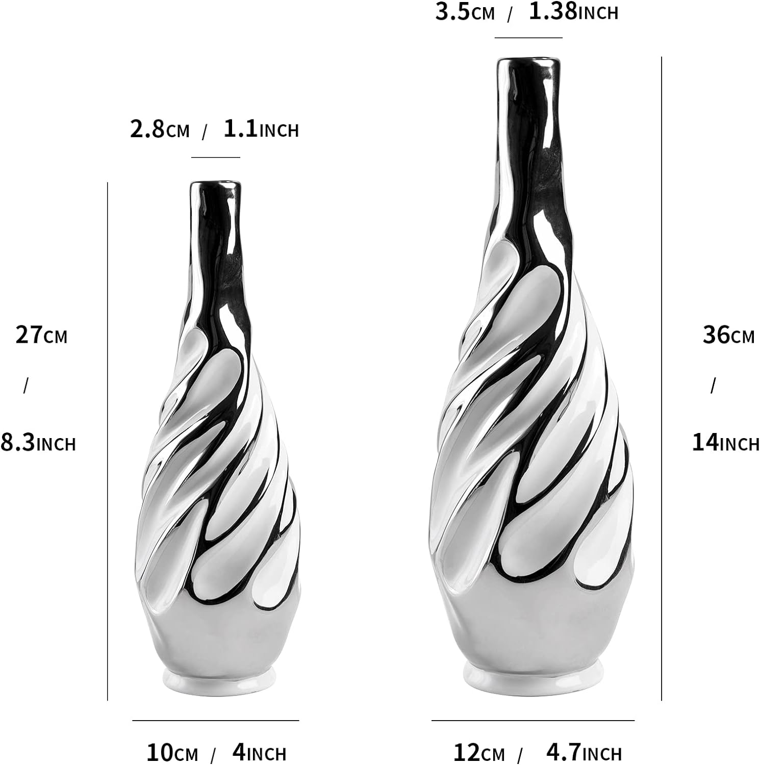 Yundu Ceramic Vase Set of 2 White and Silver Modern Design