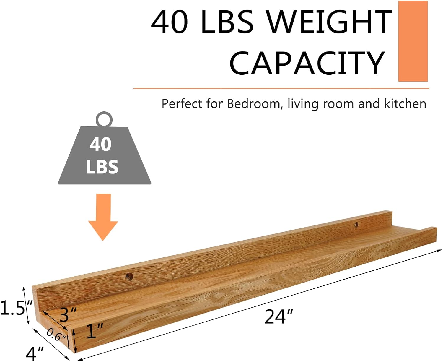 24 Inch Floating Shelf Natural Solid Oak Wood