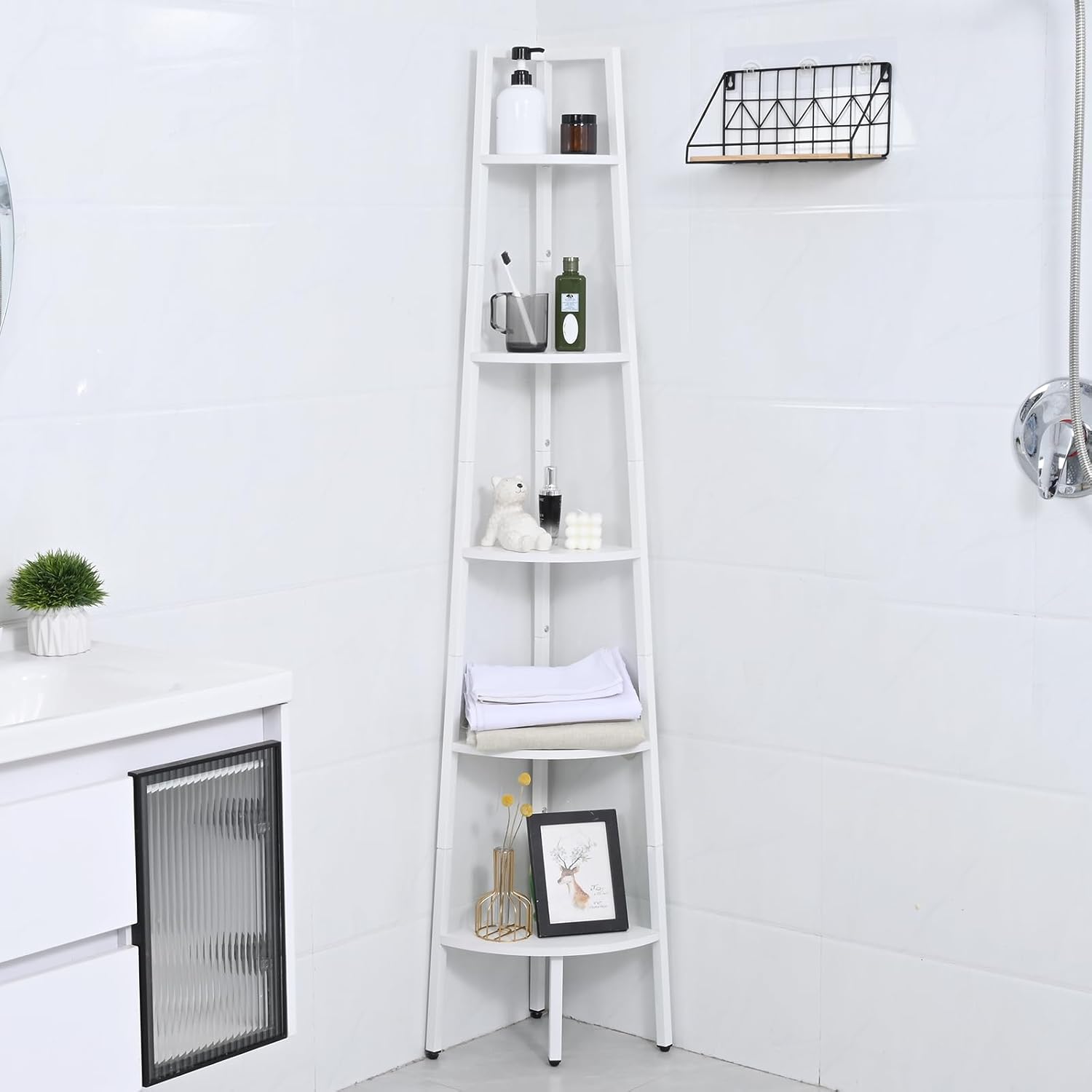 White Corner Shelf with LED Light and Steel Frame