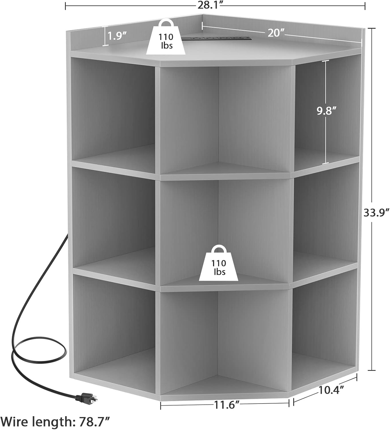 Aheaplus Corner Cabinet with USB and Outlets 9 Cubes Grey