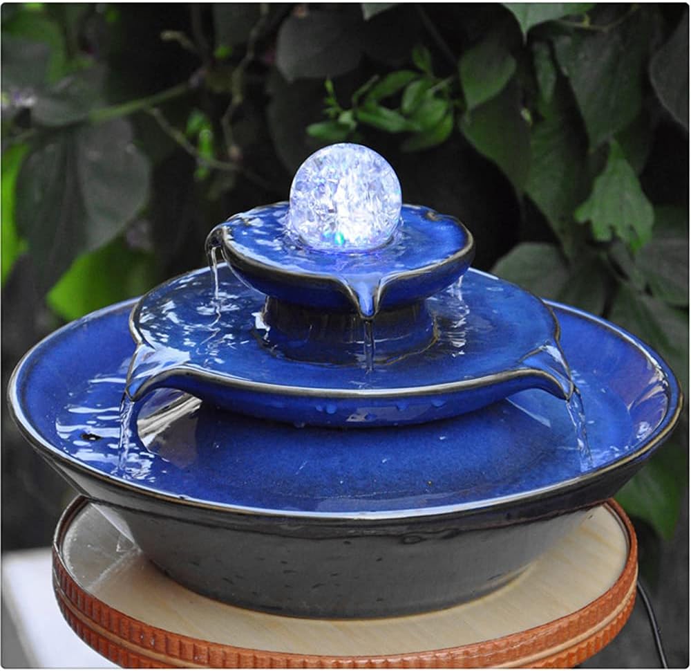 Ceramic Tabletop Fountain Blue with Water Pump and Power Cord