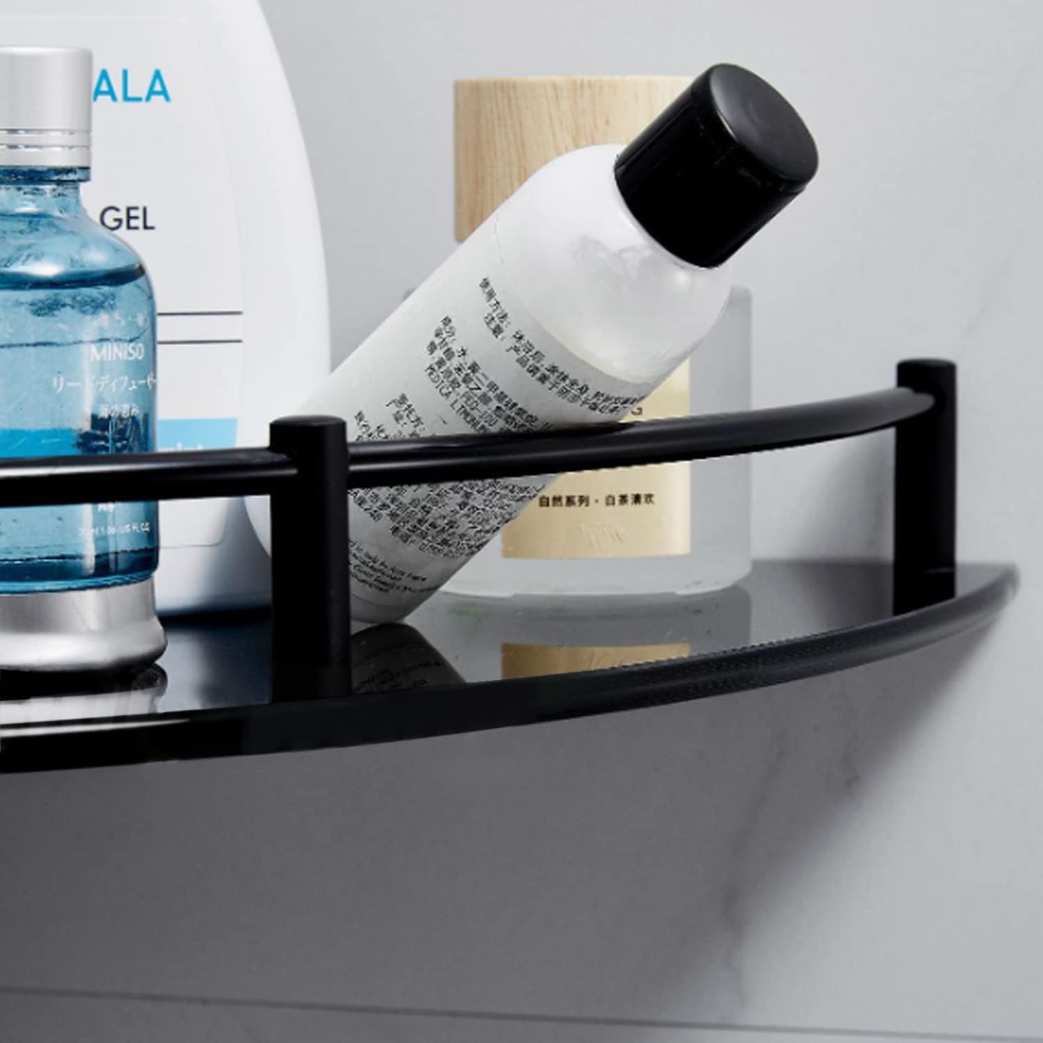 Halyuhn 2 Tier Tempered Glass Shower Caddy with Black Stainless Steel Rail