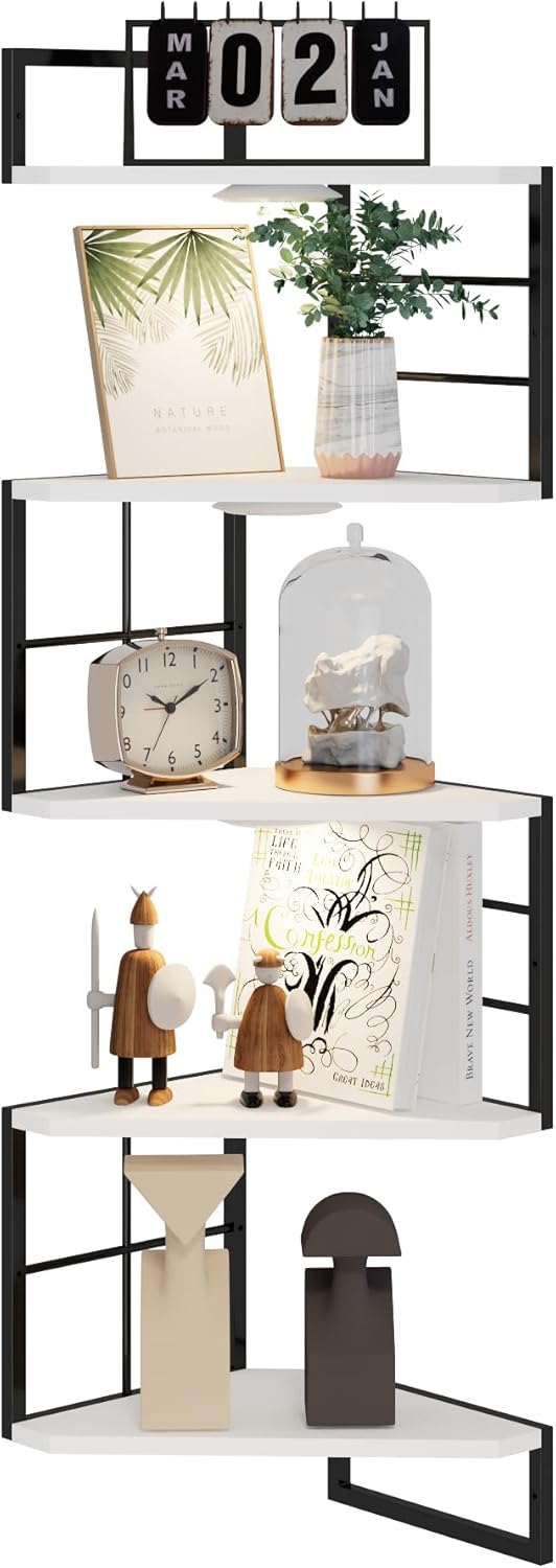 Floating Corner Shelves with Light - 5 Tiers Metal White