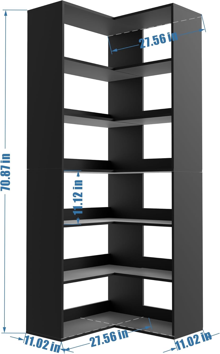 71 Tall Black Corner Bookshelf 6 Tier L-Shape