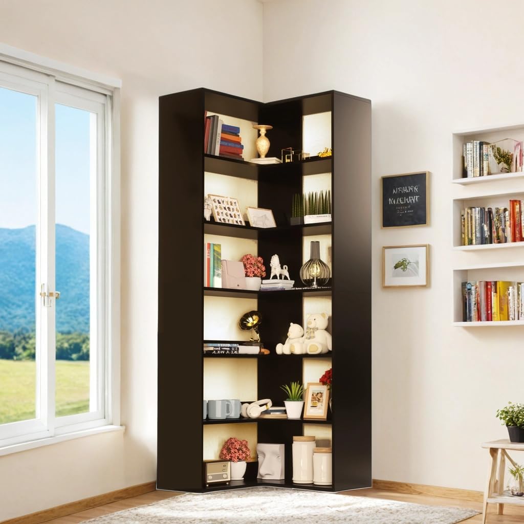 71 Tall Black Corner Bookshelf 6 Tier L-Shape