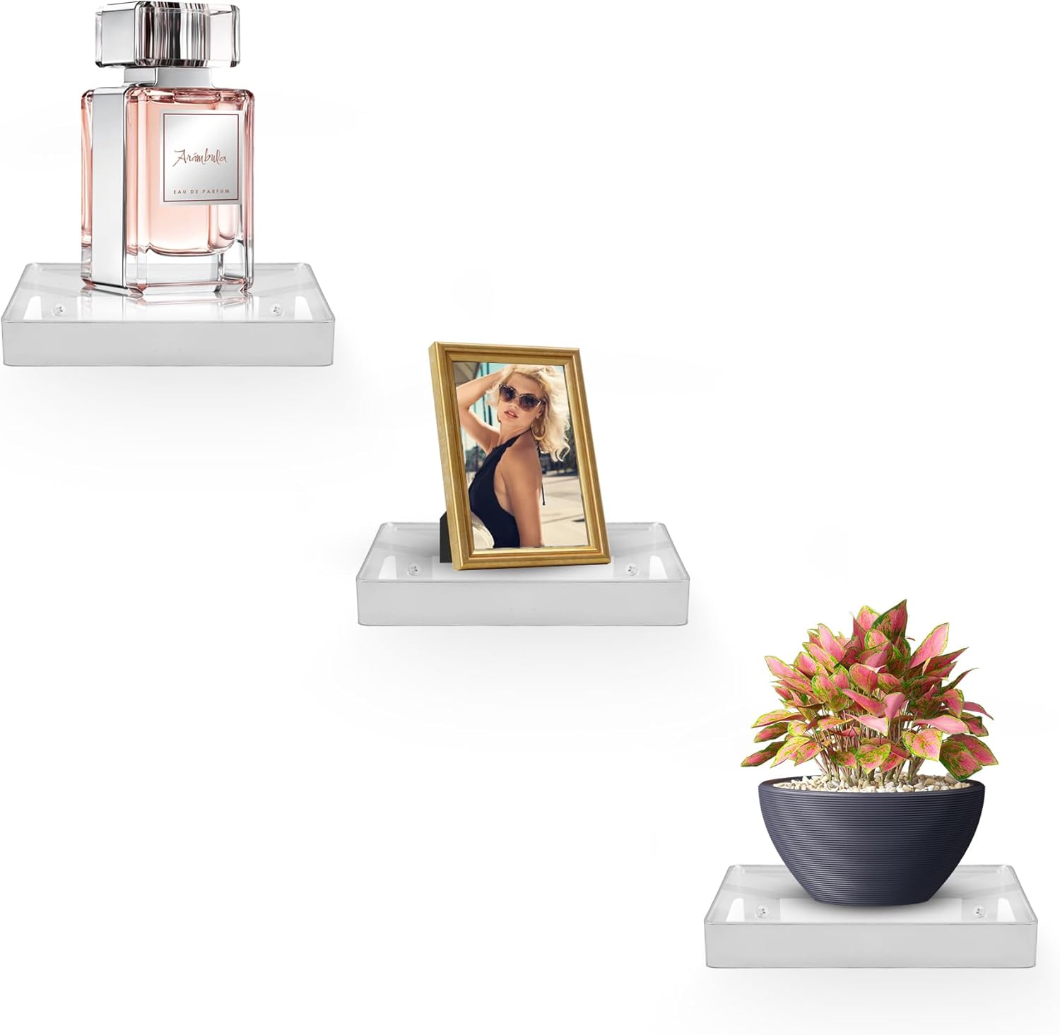 YOLS Small Floating Shelf Set of 3 Square Silver Metal with Clear Acrylic