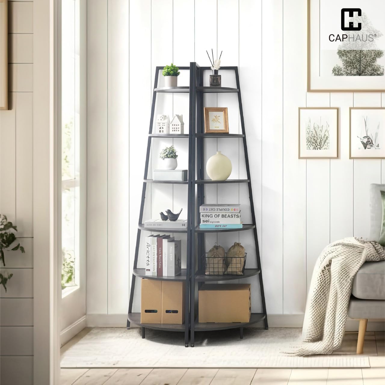 CAPHAUS 6-Tier Tall Corner Bookshelf Stand Black