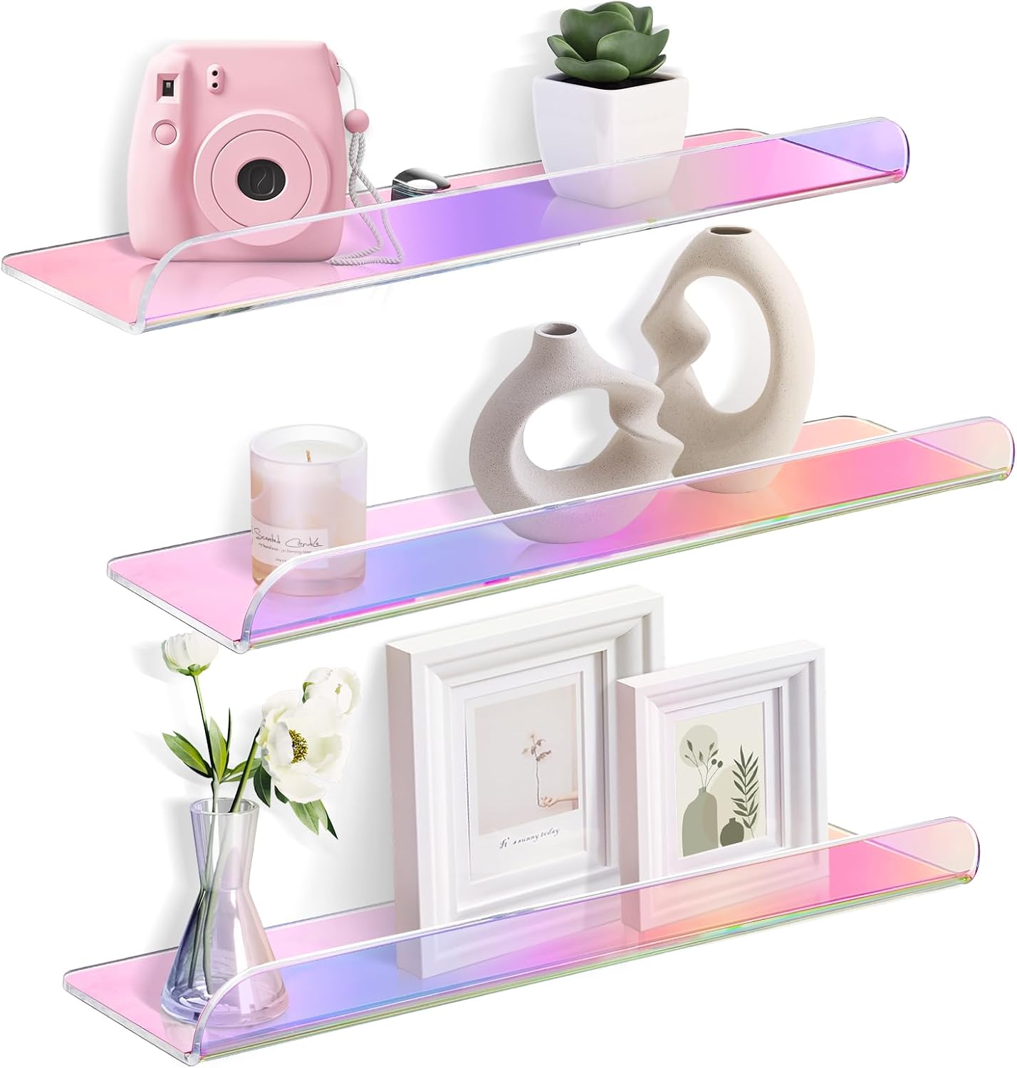 15 Inch Acrylic Floating Shelves 3 Pack Iridescent