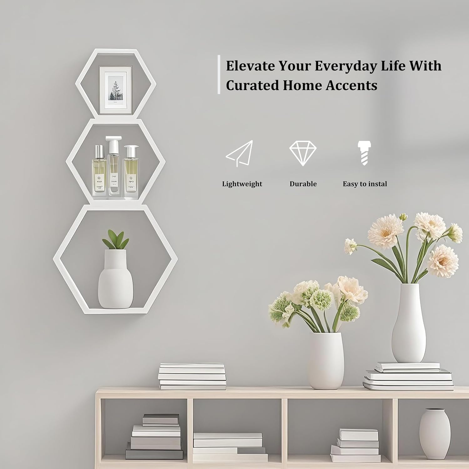 ZGZD Set of 3 White Wooden Hexagon Floating Shelves