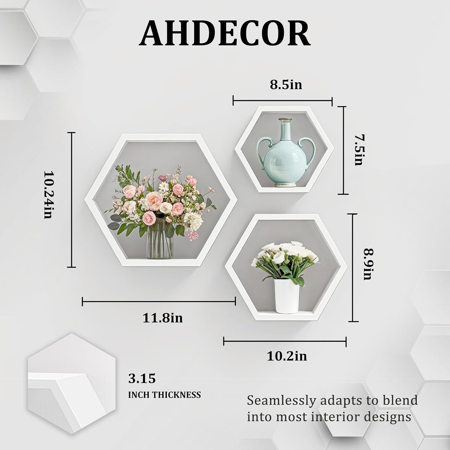 ZGZD Set of 3 White Wooden Hexagon Floating Shelves