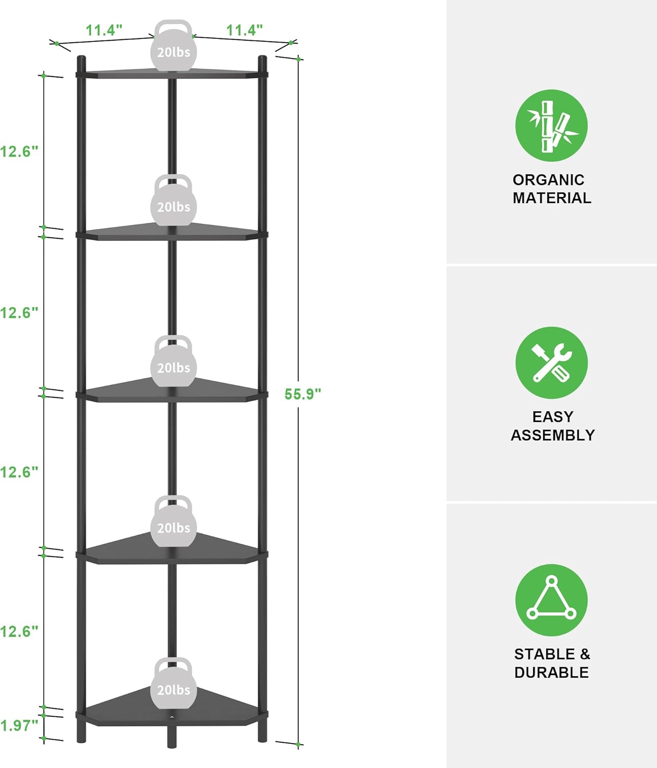 Wisuce 5 Tier Corner Bookshelf Bamboo Storage Stand