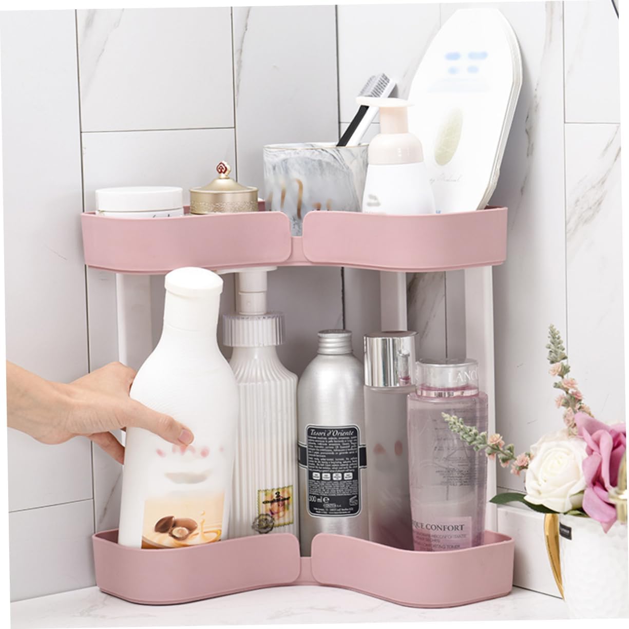 BIUDECO Two Layer Corner Shelf Organizer Pink