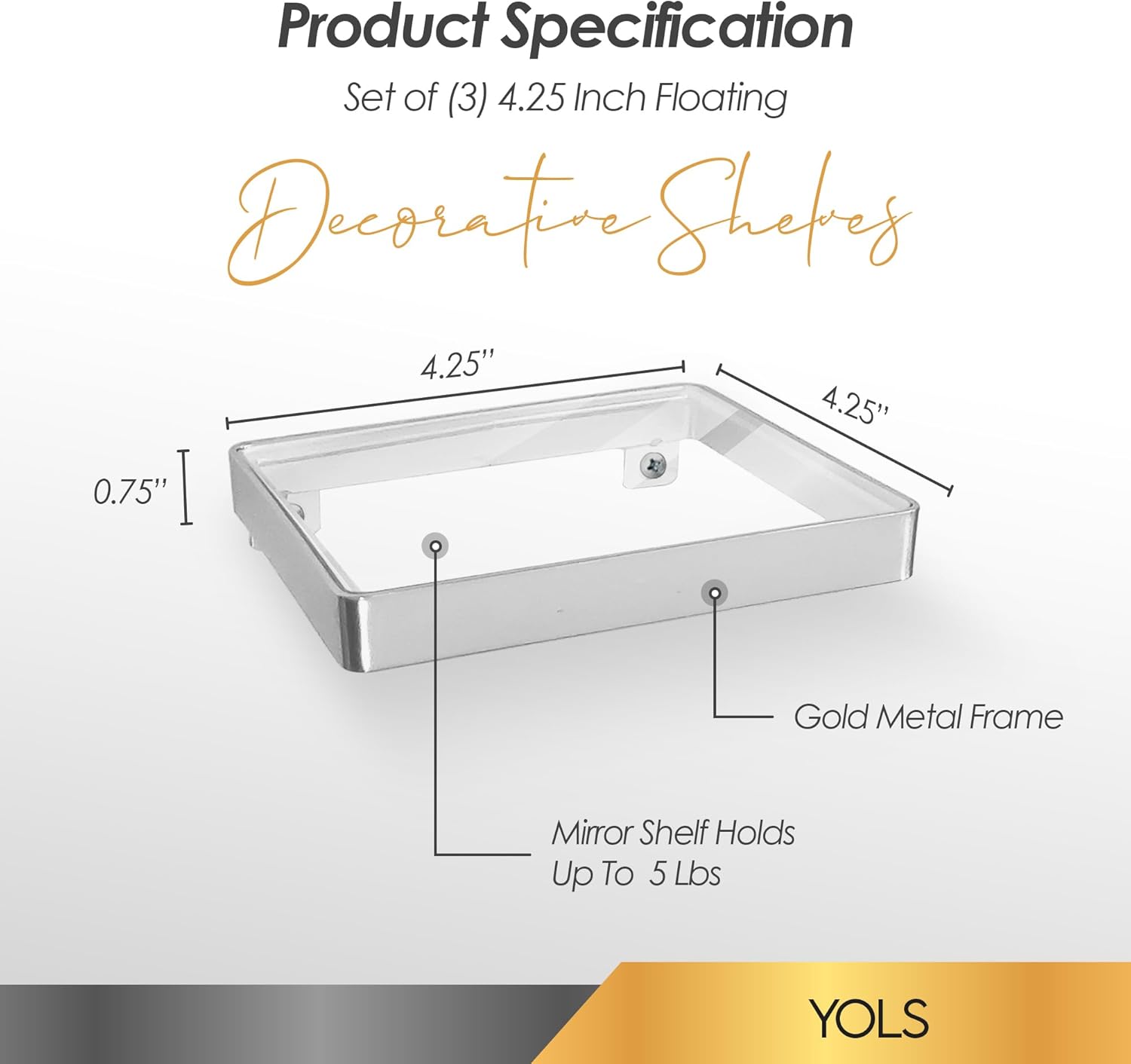 YOLS Small Floating Shelf Set of 3 Square Silver Metal with Clear Acrylic