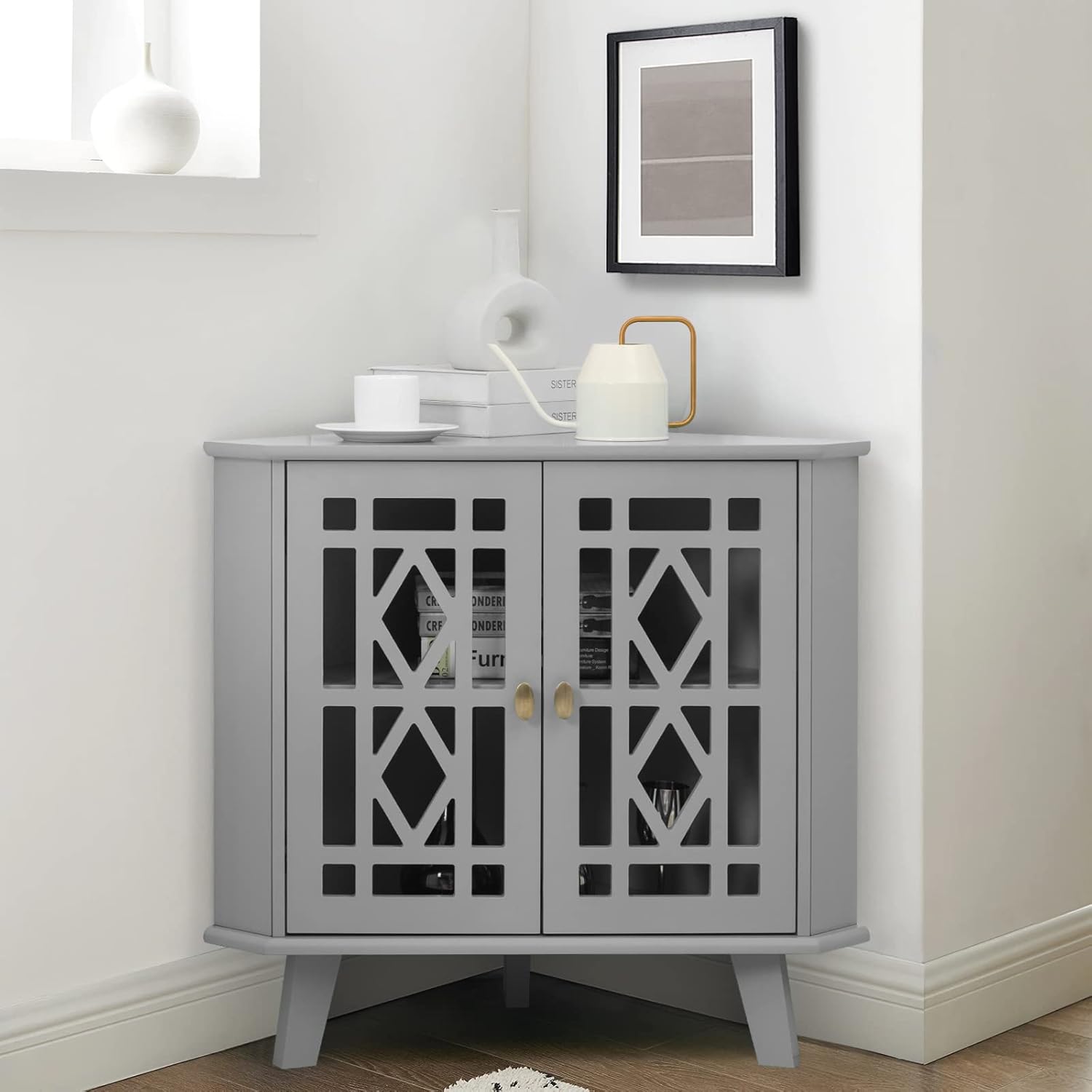Scurrty 32 Inch Corner Shelf Stand - Grey
