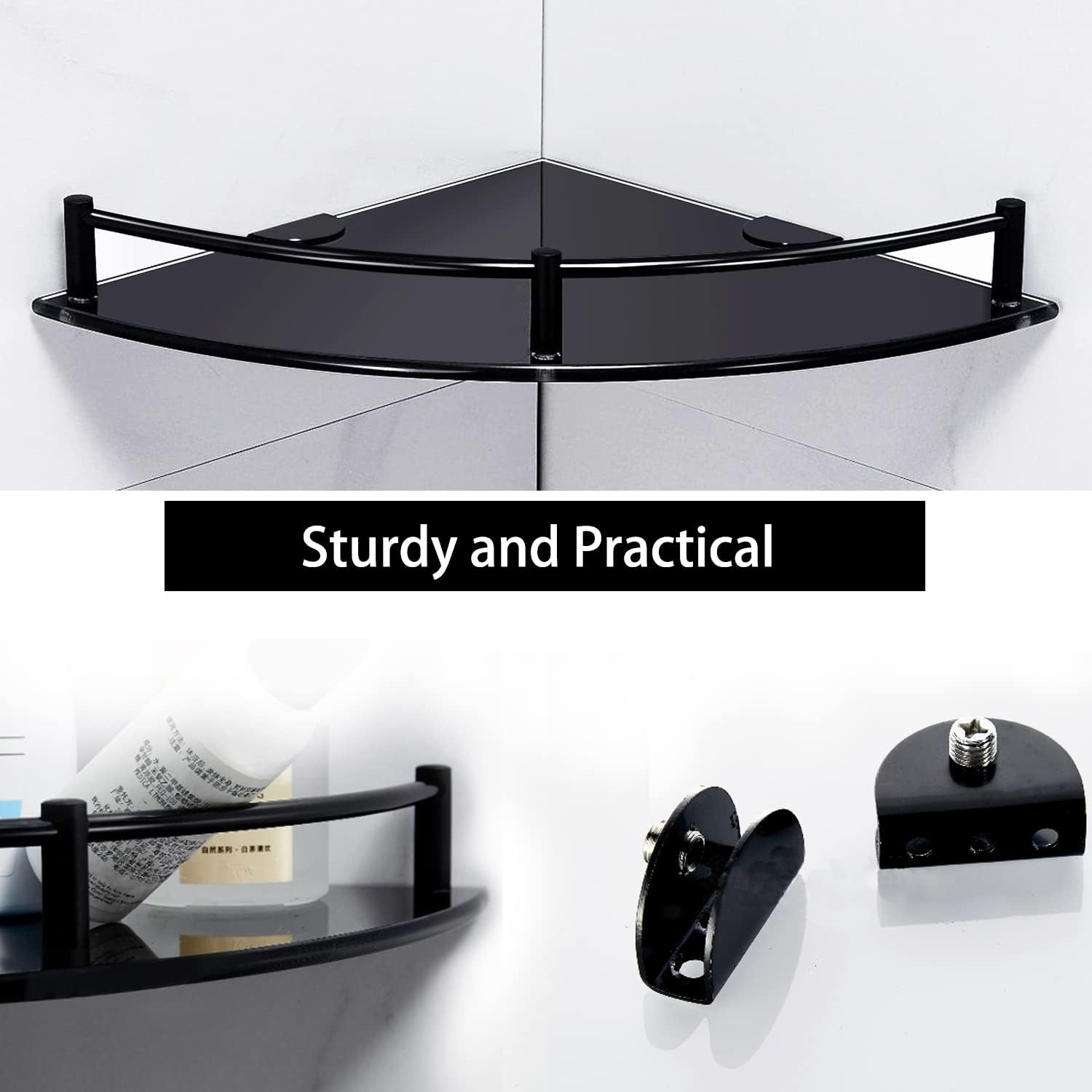 Halyuhn 2 Tier Tempered Glass Shower Caddy with Black Stainless Steel Rail