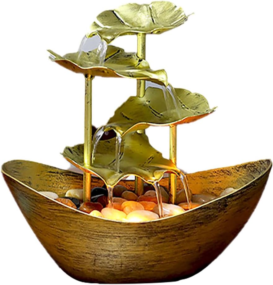 Metallic Gold 4-Tier Tabletop Fountain with Lotus and Ingot Design