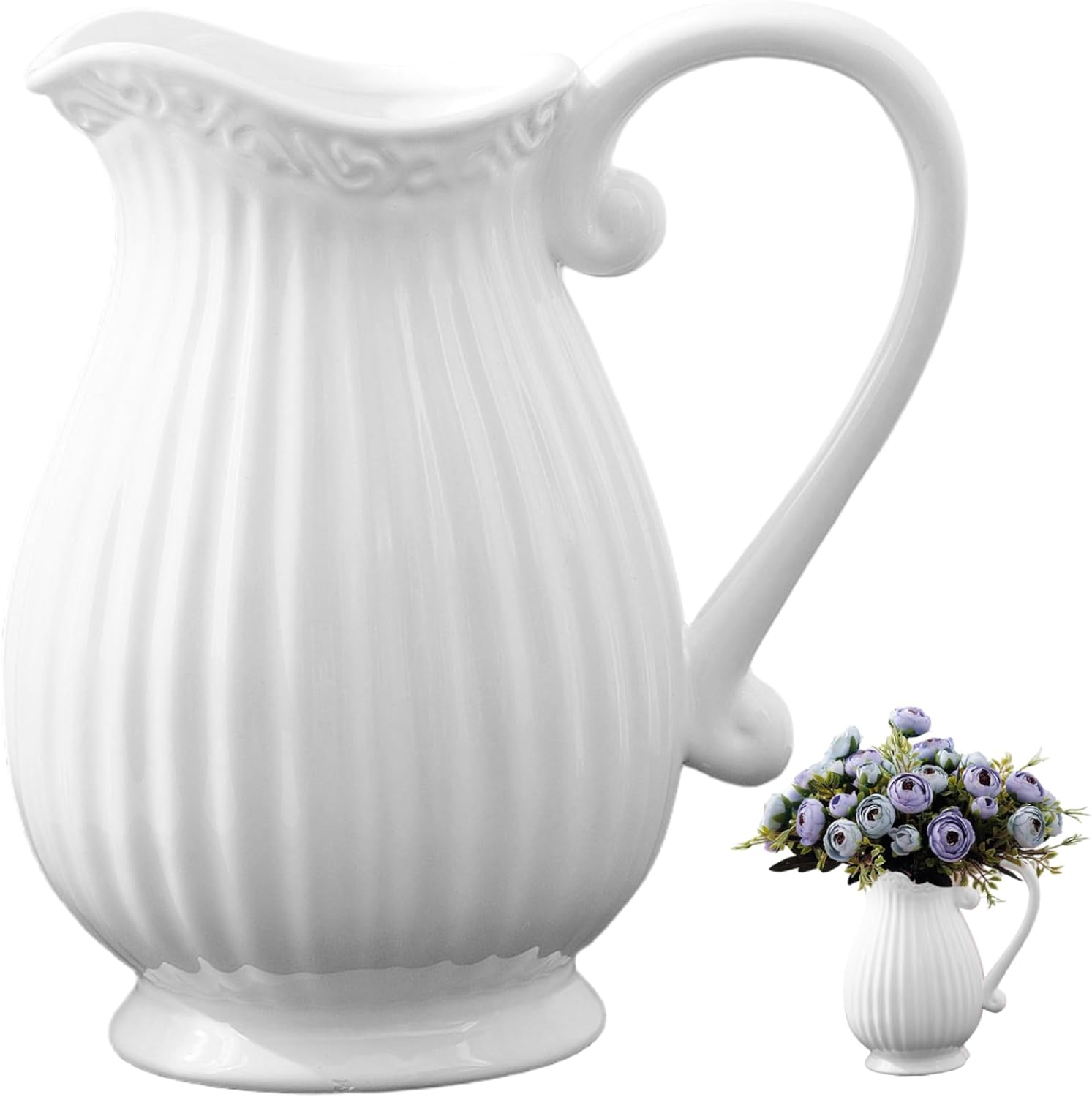 White Pitcher Vase with Handle for Flowers