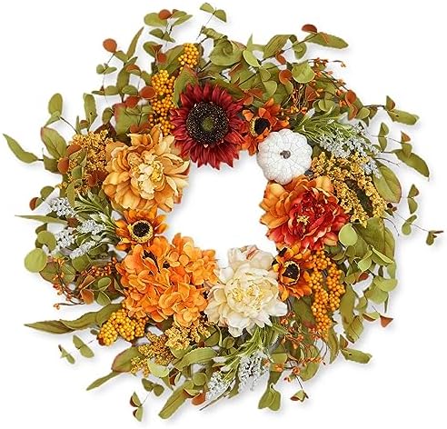 24 Inch Fall Wreath with Peonies Sunflowers and Pumpkins