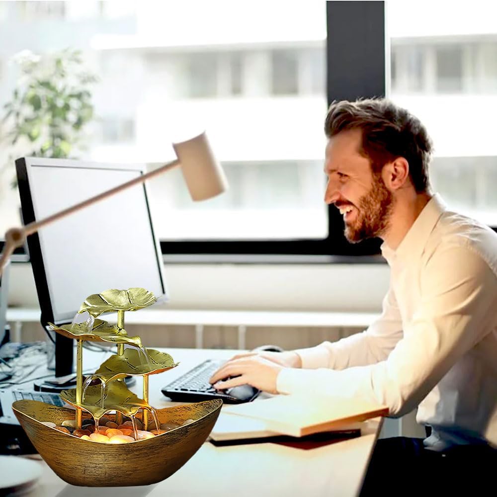 Metallic Gold 4-Tier Tabletop Fountain with Lotus and Ingot Design